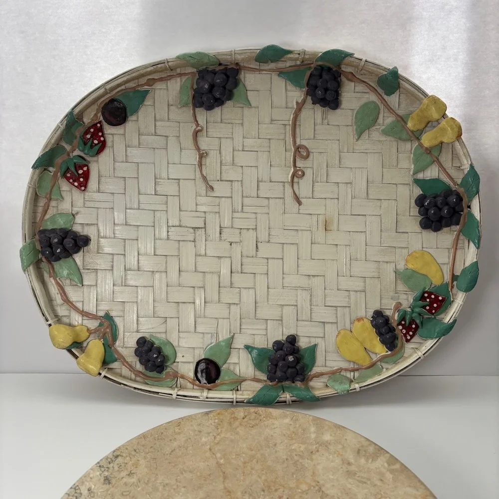 Oval Woven Tray Decorative Fruit Grapes Strawberries Pears‎ Serving Platter VTG